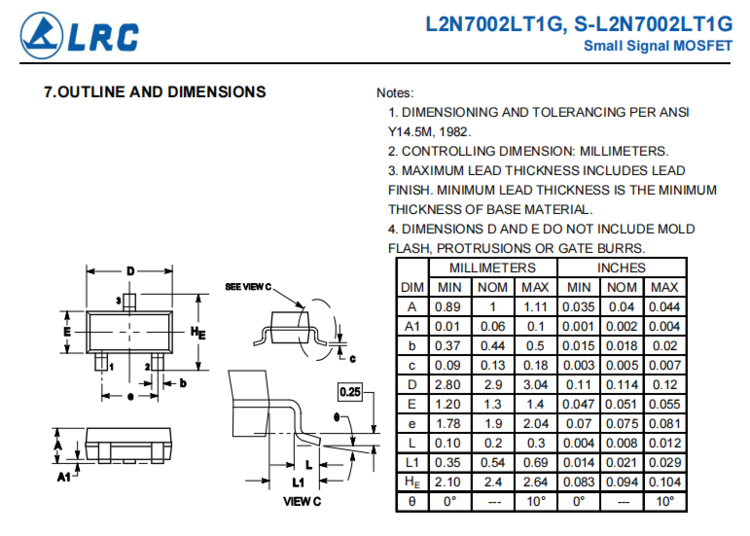 LRC 场效应管常用型号,L2N7002LT1G 规格书参数 图3